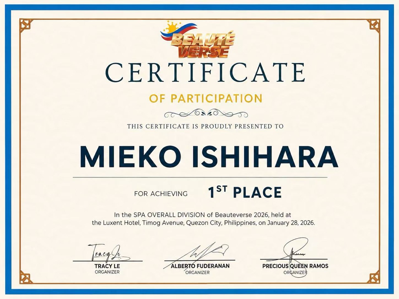 2026年1月28日 Beautéverse 2026 SPA Overall DivisionのMieko Ishihara第1位証書